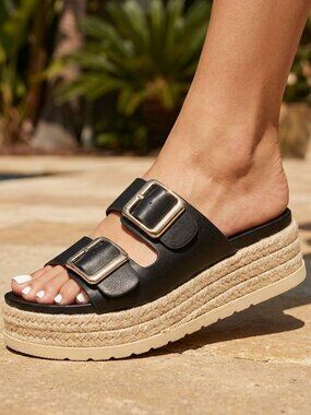 NWT Kayleen Black Double Buckle Wedge Sandals